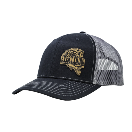 everything-smallmouth-black-white-patch-trucker-hat